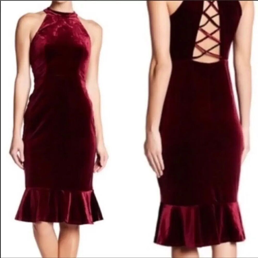 Superfoxx Dress Medium Burgundy Velvet Halter Ruffle Midi Party Evening Lace Up